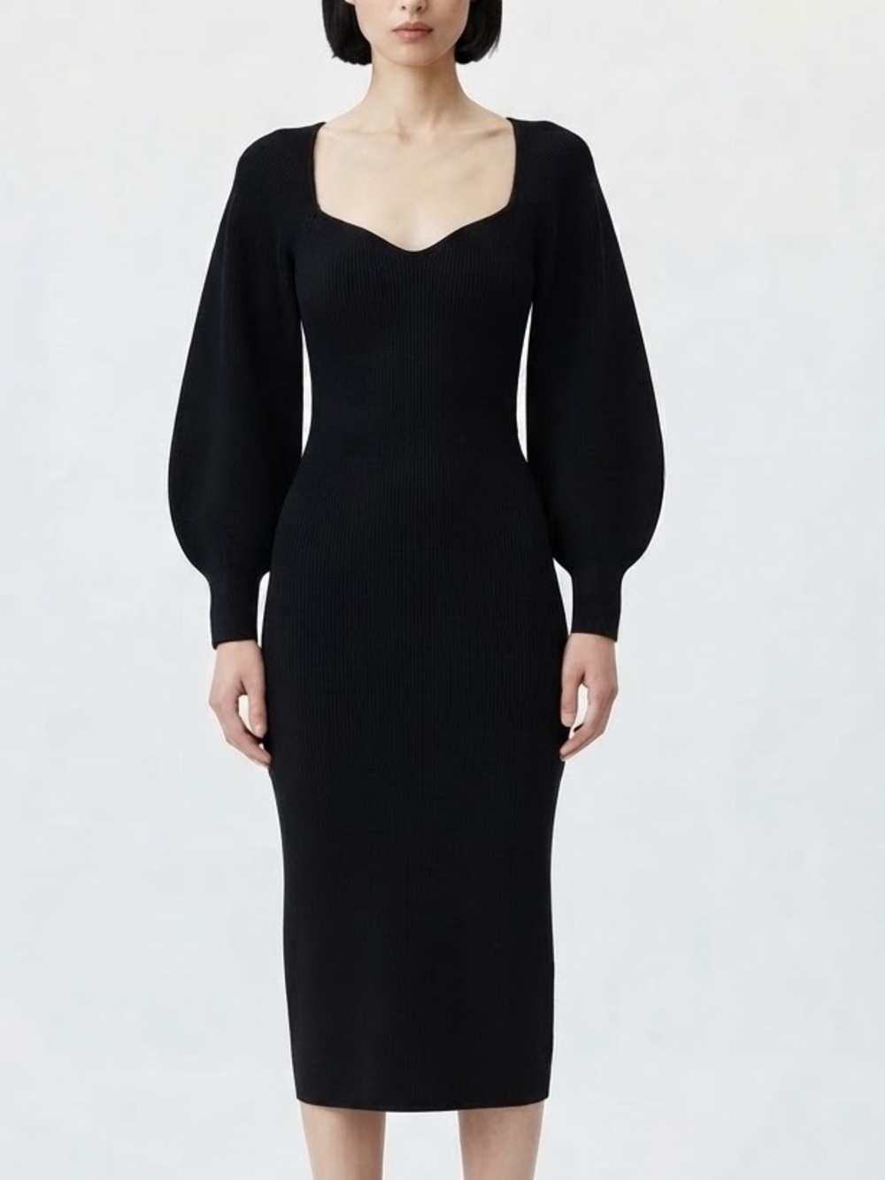 Tahari Black Knit Sweetheart-Neck Midi Dress with Puff Sleeves